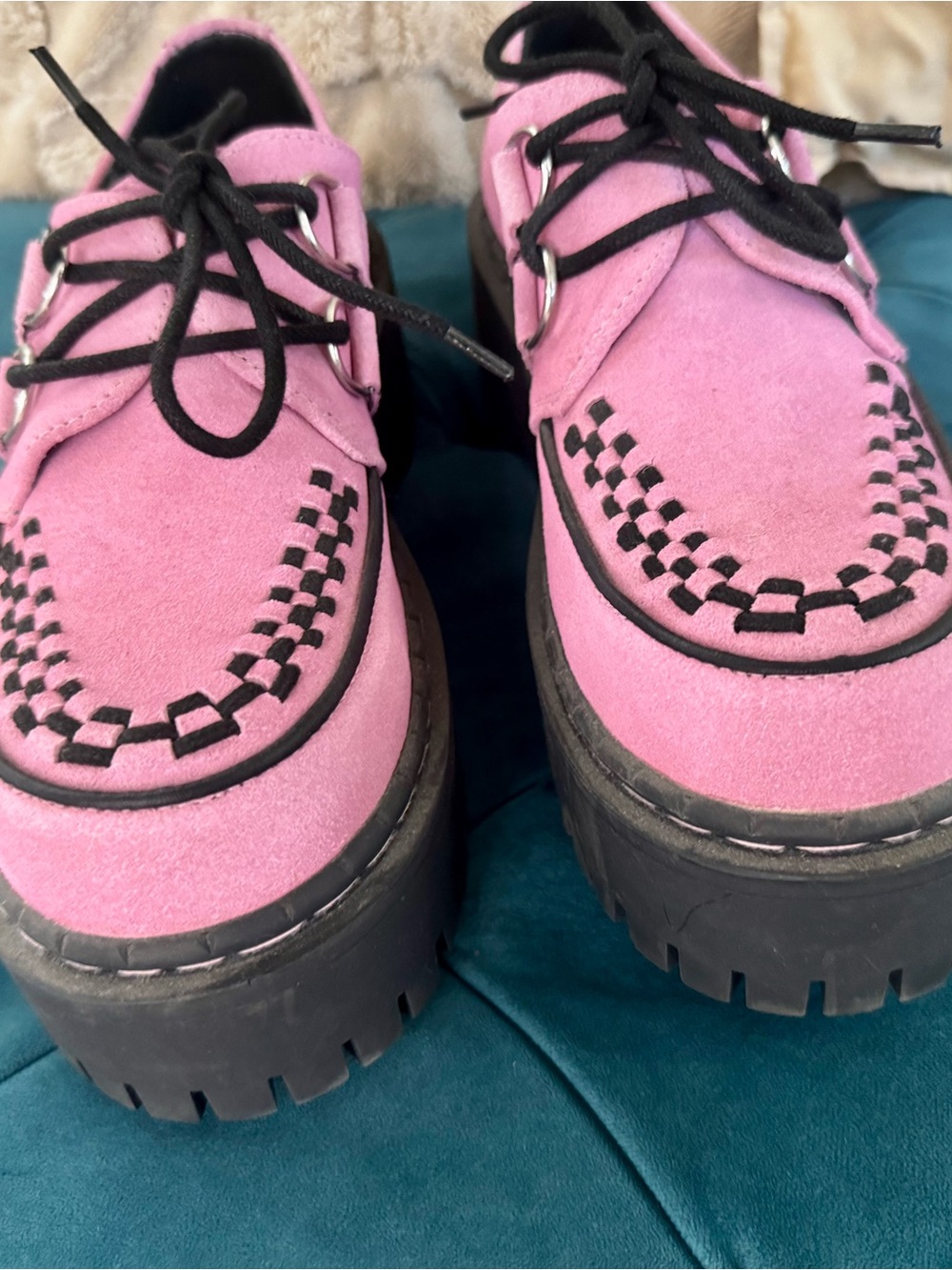 T.U.K. Pink Suede Platform Lace-Up Boots with Black Accents